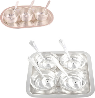 

G S Museum 3" Met Finish 3 Bowl Set with Oval Tray and 4 Manchurian Bowl Set with Oval Tray Bowl Spoon Tray Serving Set