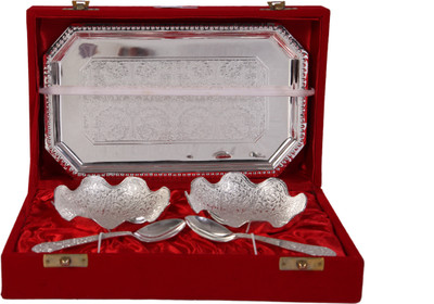 

JT International German Silver Bowl Tray Serving Set(Pack of 5)