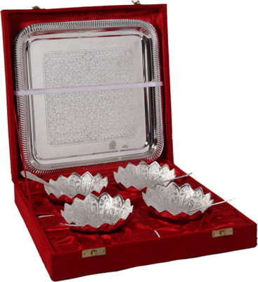 

JT International German Silver Bowl Tray Serving Set(Pack of 9)
