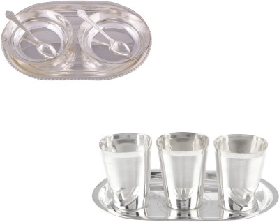 

G S Museum 2 6" Bowl with Spoon and Tray and 3 Square Met Finish Glass Set with Oval Tray Bowl Spoon Tray Serving Set