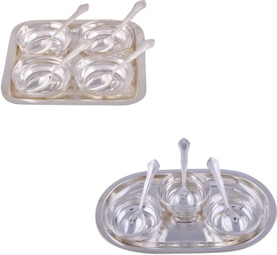 G S Museum 4 Square Bowl with Spoon and Tray and 3 Manchurian Bowl Set with Oval Tray Bowl Spoon Tray Serving Set