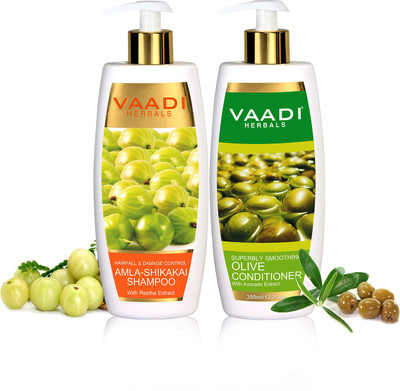 

Vaadi Herbals Amla Shikakai Shampoo - Hairfall & Damage Control With Olive Conditioner ( 350 ml x 2)(350 ml)