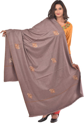 WEAVERS VILLA Pure Wool Embroidered Women Shawl(Grey)
