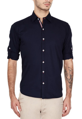 FabTag - ELEPANTS Men Solid Casual Dark Blue Shirt FabTag - ELEPANTS Men Solid Casual Dark Blue Shirt