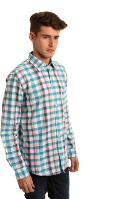 

Wrangler Men's Checkered Casual Blue Shirt, Turq blue