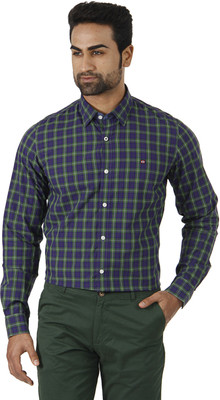 London Fog Men' Checkered Formal Blue, Green Shirt