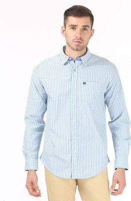 

London Fog Men's Striped Casual Light Blue Shirt, Pista