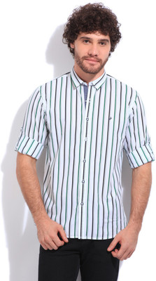 

John Players Men's Striped Casual White, Green Shirt, 1a1