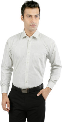 

Loviena Men's Striped Formal Green, White Shirt