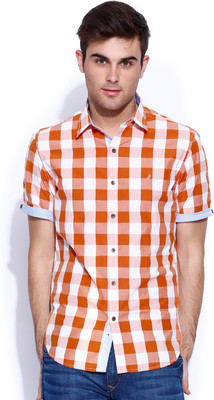 

John Players Men's Checkered Casual White, Orange Shirt, 1a2