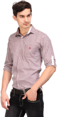 

Macoro Men's Checkered Casual Semi Spread Collar Shirt, Red