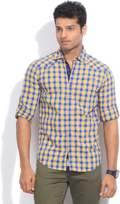 

The Indian Garage Co. Men's Checkered Casual Blue, Yellow Shirt, Navy yellow