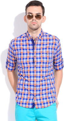 

The Indian Garage Co. Men's Checkered Casual Blue, Orange Shirt, Orange blue