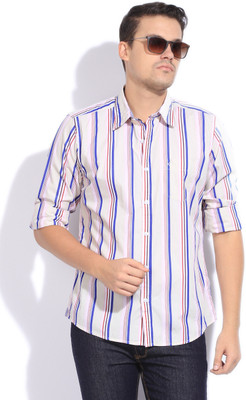 

Global Nomad Men's Striped Formal Blue, Beige Shirt, Navy/red