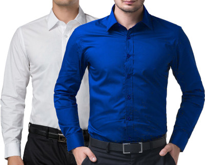 You Forever Men's Solid Casual White, Blue Shirt(Pack of 2, Blue;white