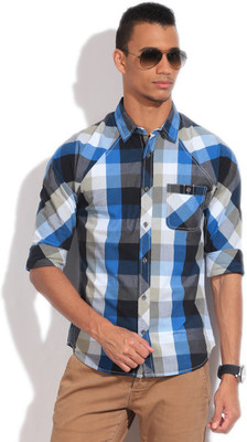 United Colors of Benetton. Men's Checkered Casual White, Blue Shirt, 902