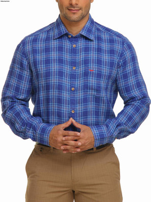 

Park Avenue Men's Checkered Casual Linen Blue Shirt