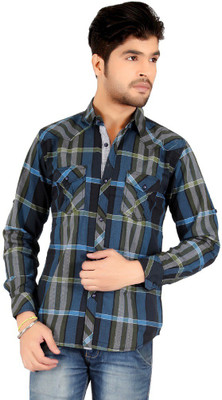 

Carbone Men's Checkered Casual Dark Blue Shirt, Black;darkblue