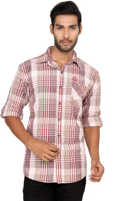 

Macoro Men's Checkered Casual Semi Spread Collar Shirt, Red
