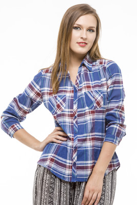 

Being Fab Women's Checkered Casual Button Down Collar Shirt, Blue