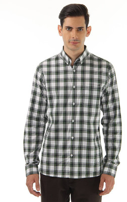 

London Fog Men's Checkered Casual White, Green Shirt, Bottle green