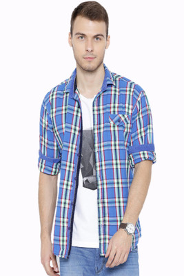 

Fifty Two Men's Checkered Casual Flap Collar Neck Shirt, Blue.