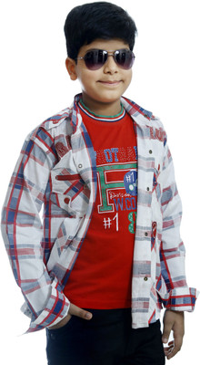 Ennjoy Boys Checkered, Printed Casual White, Red Shirt(Pack of 2
