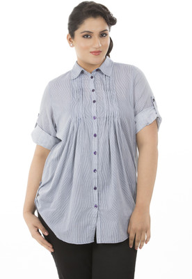 

LASTINCH Women's Striped Casual Regular Collar Shirt, Blue;white