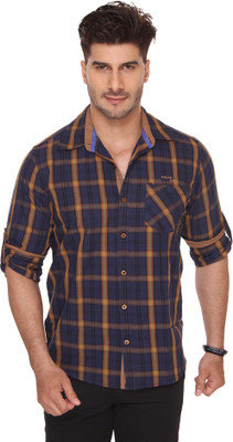 

Ramarrow Men's Checkered Casual Dark Blue Shirt, Gold;navy