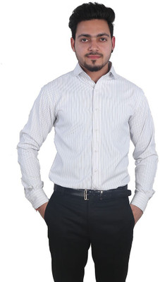 Just Differ Men Striped Formal White Shirt