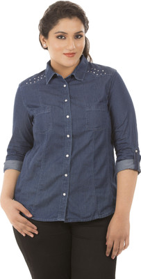 

LASTINCH Women's Embellished Casual Blue Shirt, Blue_1