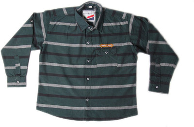 

Little Man Boys Striped Casual Dark Green Shirt