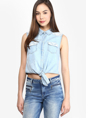 

Only Women's Solid Casual Light Blue Shirt, Light blue denim