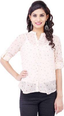 

Pear Blossom Women's Solid Casual Mao Shirt, Beige