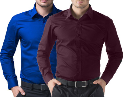 

You Forever Men's Solid Casual Blue, Black Shirt(Pack of 2, Black;blue