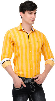 

Macoro Men's Striped Casual Semi Spread Collar Shirt, Yellow