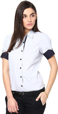 

Dazzio Women's Solid Formal White, Black Shirt, Sky blue