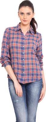

Trend Arrest Women's Checkered Casual Open Collar Shirt, Blue