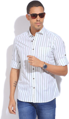

John Players Men's Striped Casual White, Green Shirt, 1a2