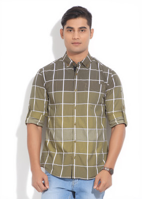 

The Indian Garage Co. Men's Checkered Casual Green Shirt, Olive