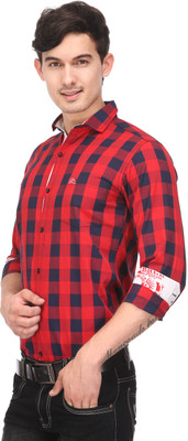 

Macoro Men's Checkered Casual Semi Spread Collar Shirt, Red
