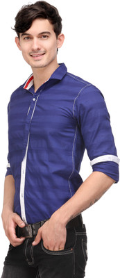 Macoro Men's Striped Casual Dark Blue Shirt