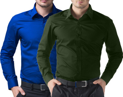 

You Forever Men's Solid Casual Blue, Green Shirt(Pack of 2