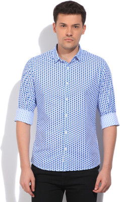 

United Colors of Benetton. Men's Geometric Print Casual White, Blue Shirt, M18