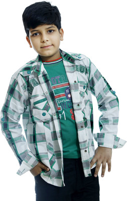 Ennjoy Boys Checkered, Printed Casual White, Green Shirt(Pack of 2
