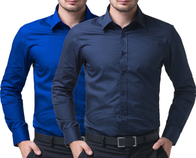 

You Forever Men's Solid Casual Blue, Blue Shirt(Pack of 2