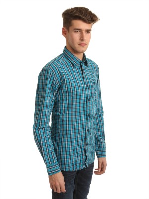 

Wrangler Men's Checkered Casual Semi Spread Collar Shirt, Blue