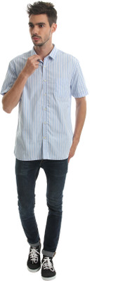 

Indian Terrain Men's Striped Casual White, Blue Shirt