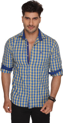 

Ramarrow Men's Checkered Casual Blue Shirt, Blue;gold