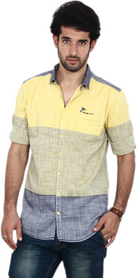

FRD13 Men' Striped Casual Yellow Shirt, Lemon yellow